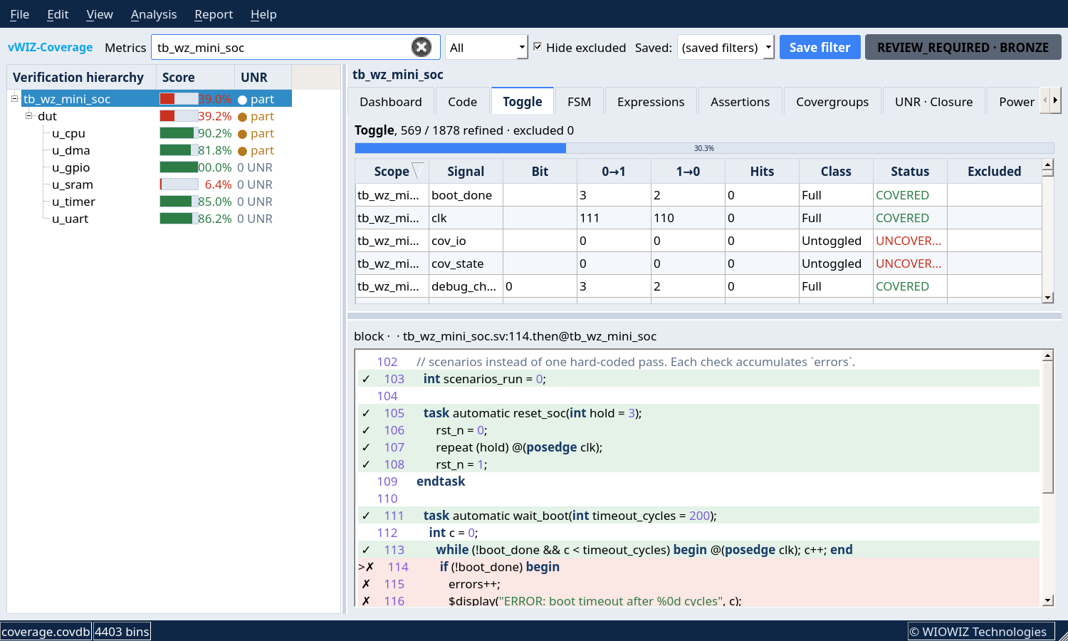 Toggle coverage workspace listing signals with their bit-level toggle status