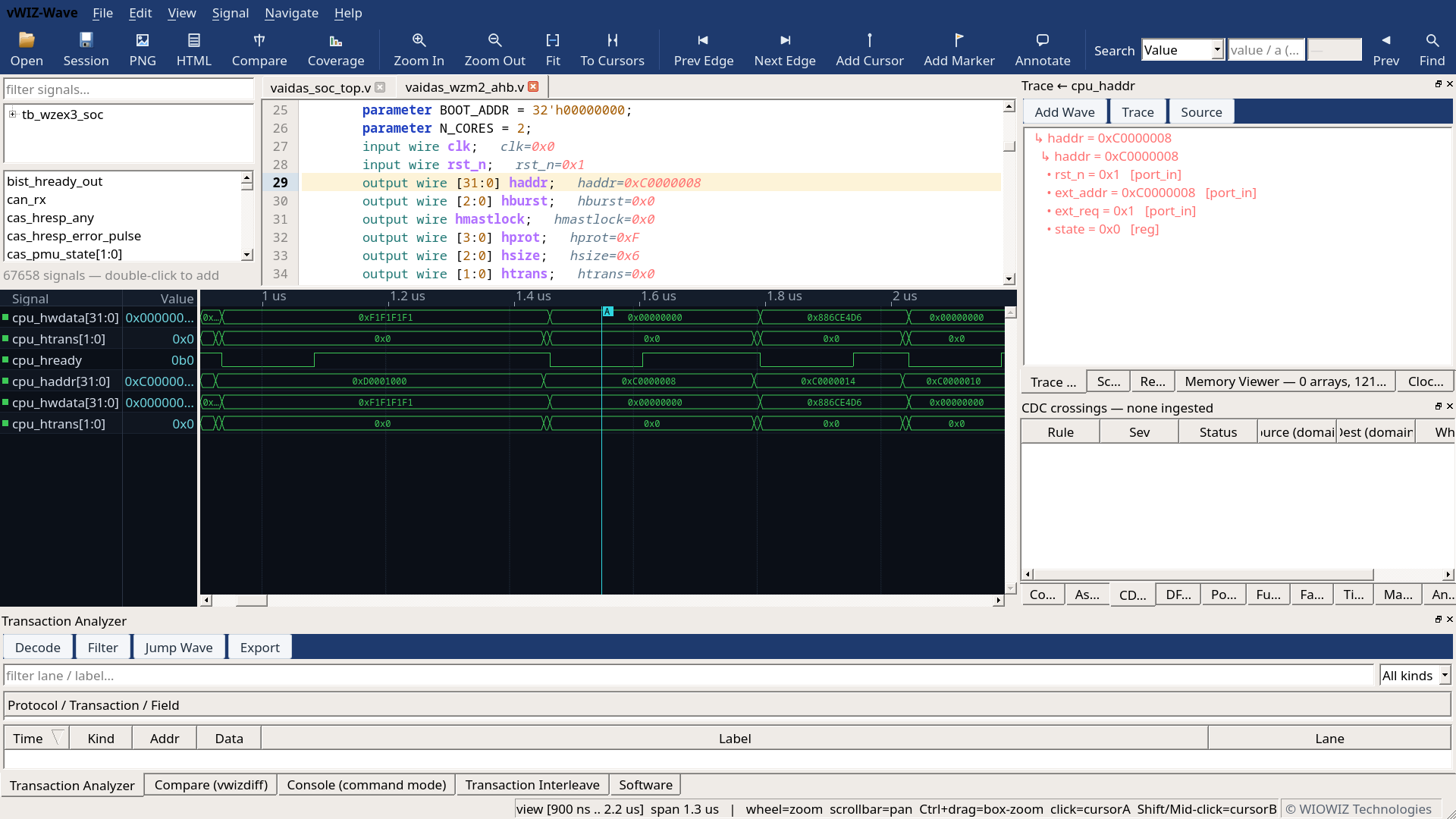 Driver trace shown beside the MiniSoC waveform and the design hierarchy, resolving a selected signal to the source statement that assigns it