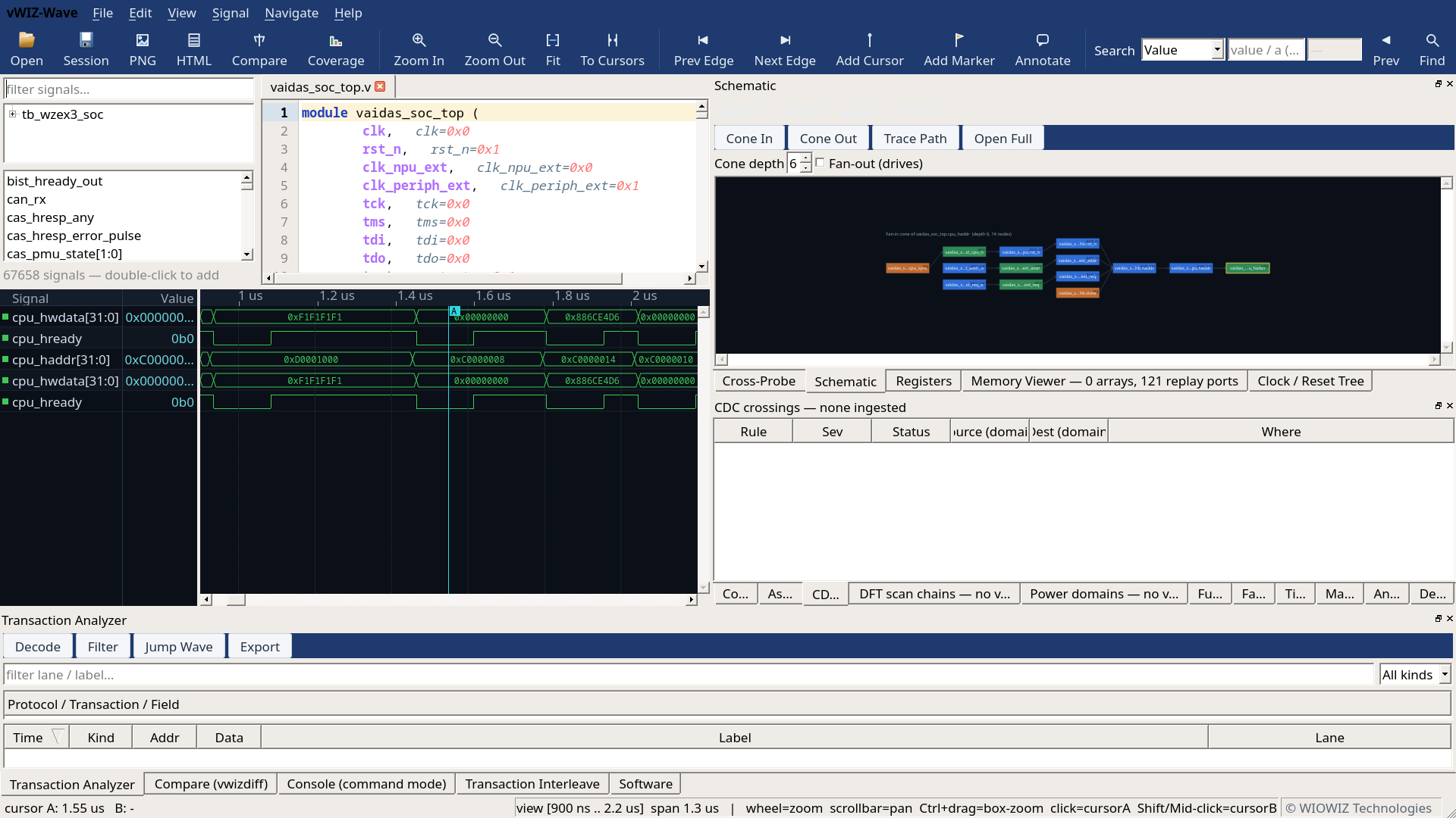 Schematic instance context in FSiMX Studio showing the surrounding structure and live values at the selected cursor time