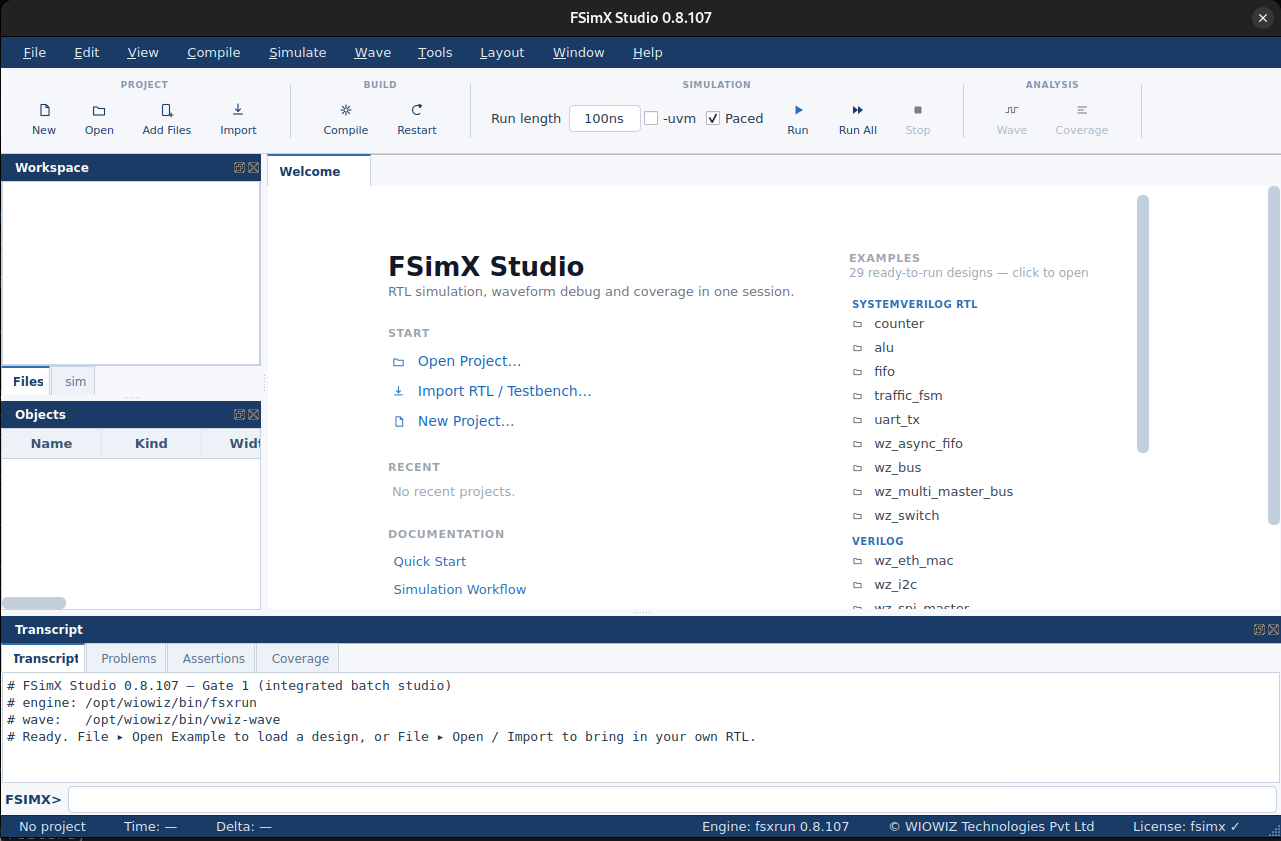 FSiMX Studio: compile, run, waveform debug and coverage closure in one window.