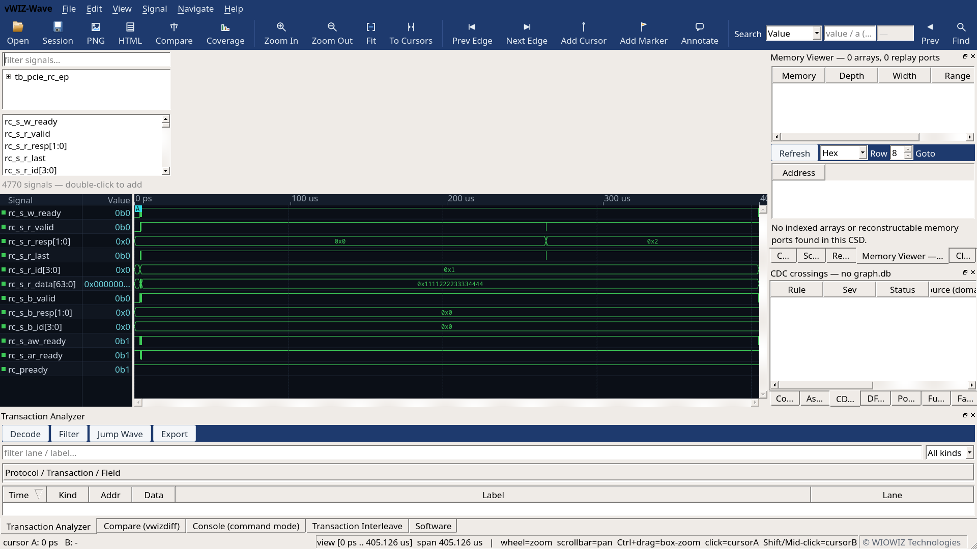 vWIZ-Wave transaction analyzer decoding a PCIe run beside the raw signals