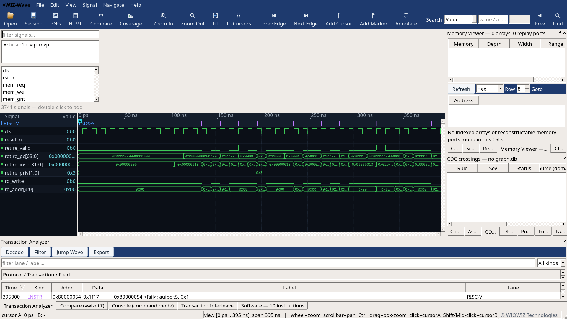 RISC-V program counter trace with cross-probe back into the waveform and the source view