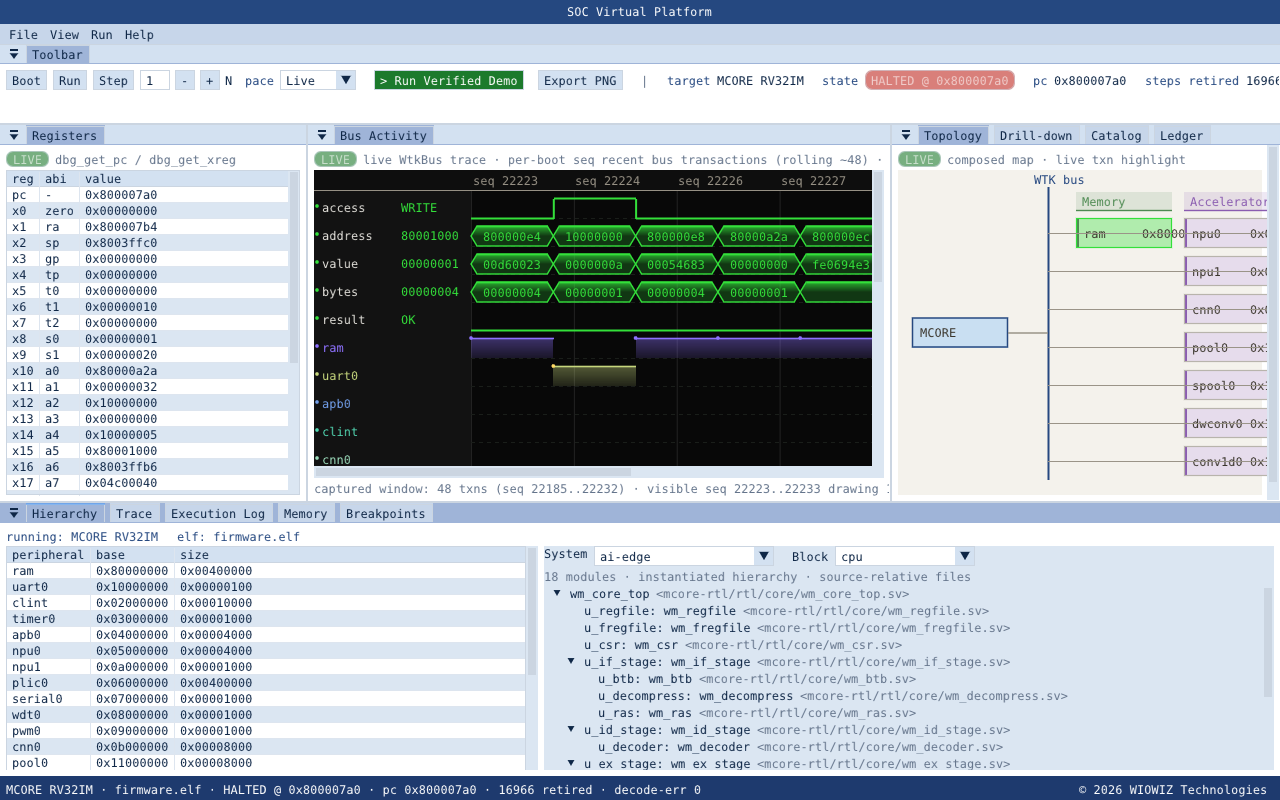 The MCORE CPU pipeline shown as a module hierarchy in socvp Studio.