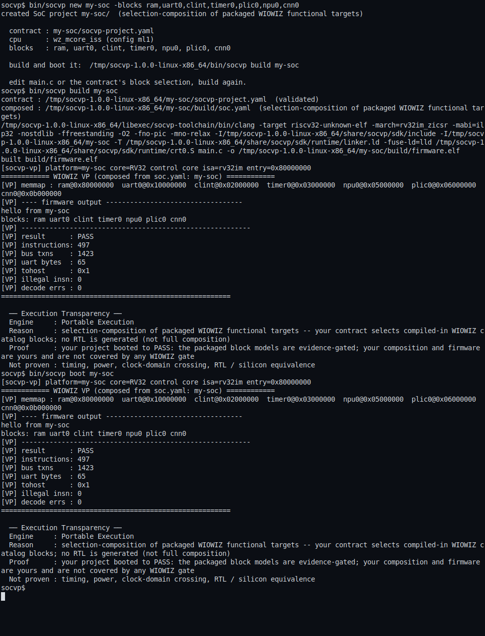 Creating a new WIOWIZ SoC project with socvp new, showing the generated project files and build log.